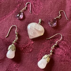 Rose Quartz and pink CZ Sterling earrings 2 pr and heart pendant set